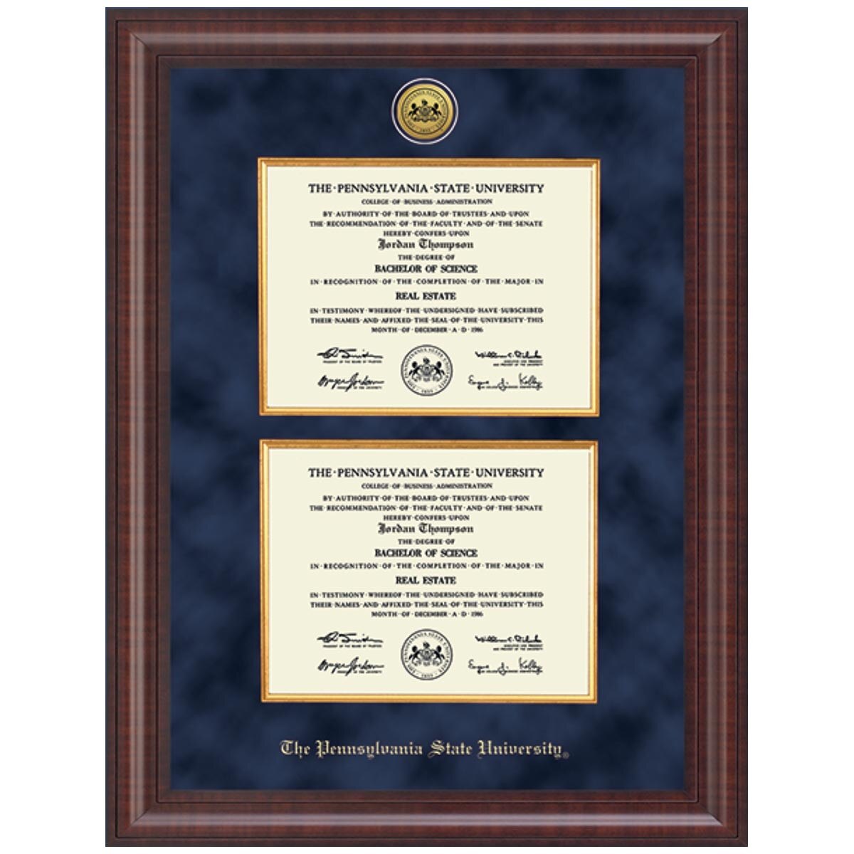 Double Diploma Frame, Presidential, Gold Engraved Medallion The Pennsylvania State University, Navy Suede Mat, Premier Molding, Chesnut Finish
